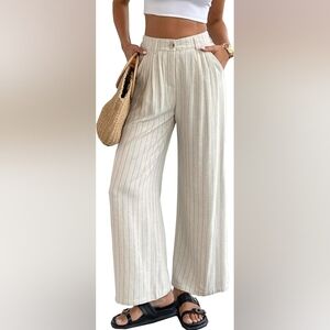 Women's Cream Striped Wide-Leg Linen Pants, S